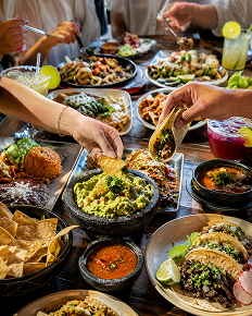 REPLACE → top-down hands sharing a table full of food
